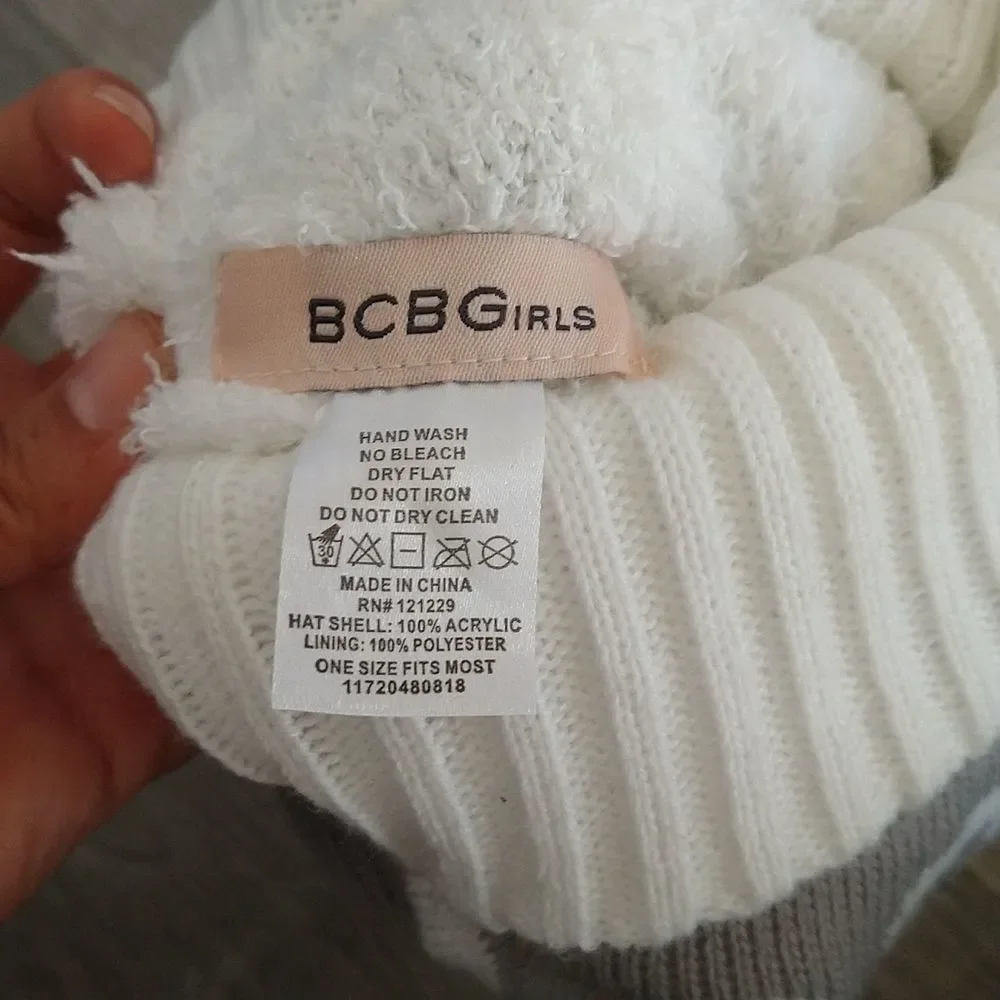 Kids BCBGirls Beanie Puff Ball Grey